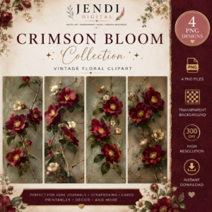 Crimson Bloom Collection 🌺Vintage Floral PNG Set of 4